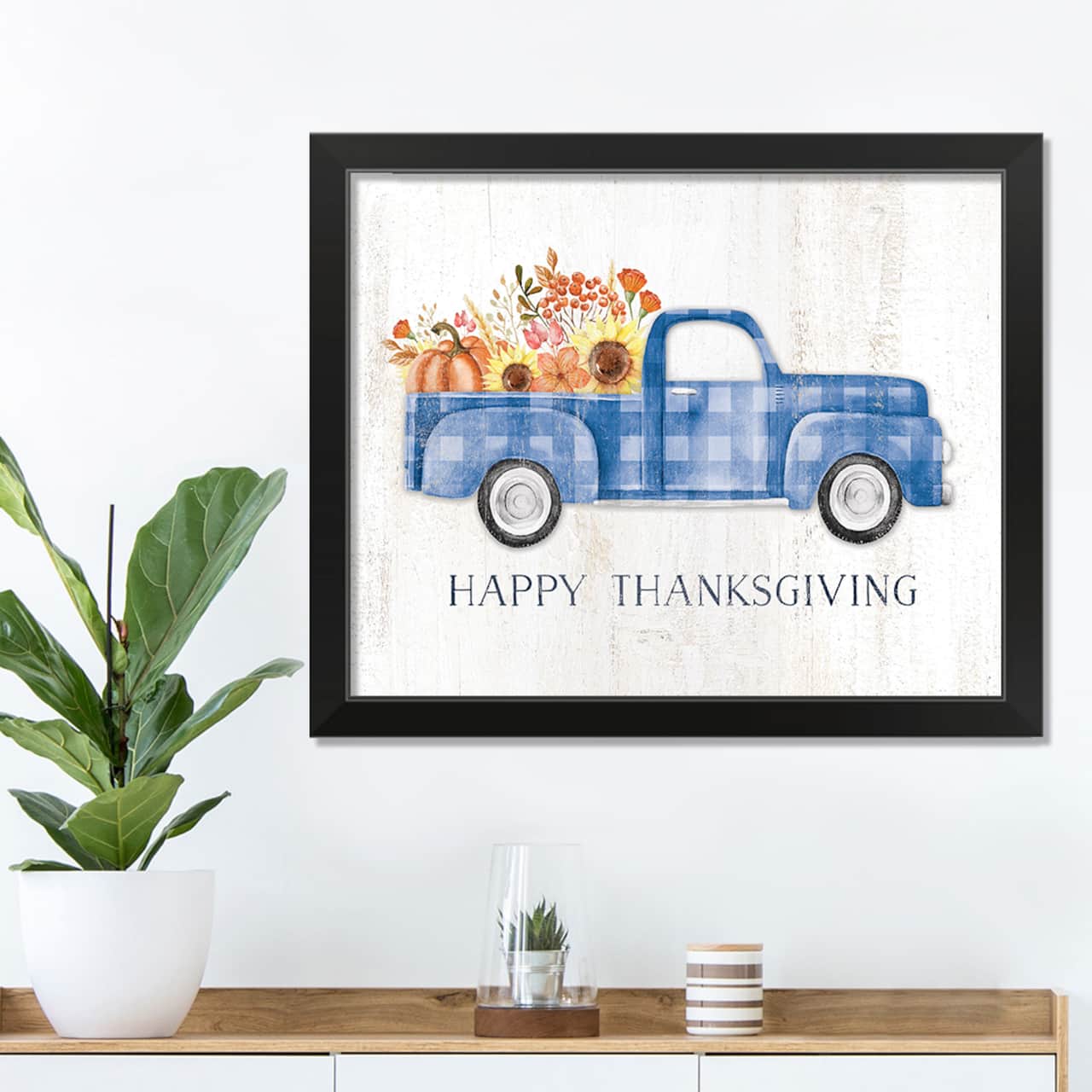 Plaid Truck Happy Thanksgiving Fall Print in Black Frame